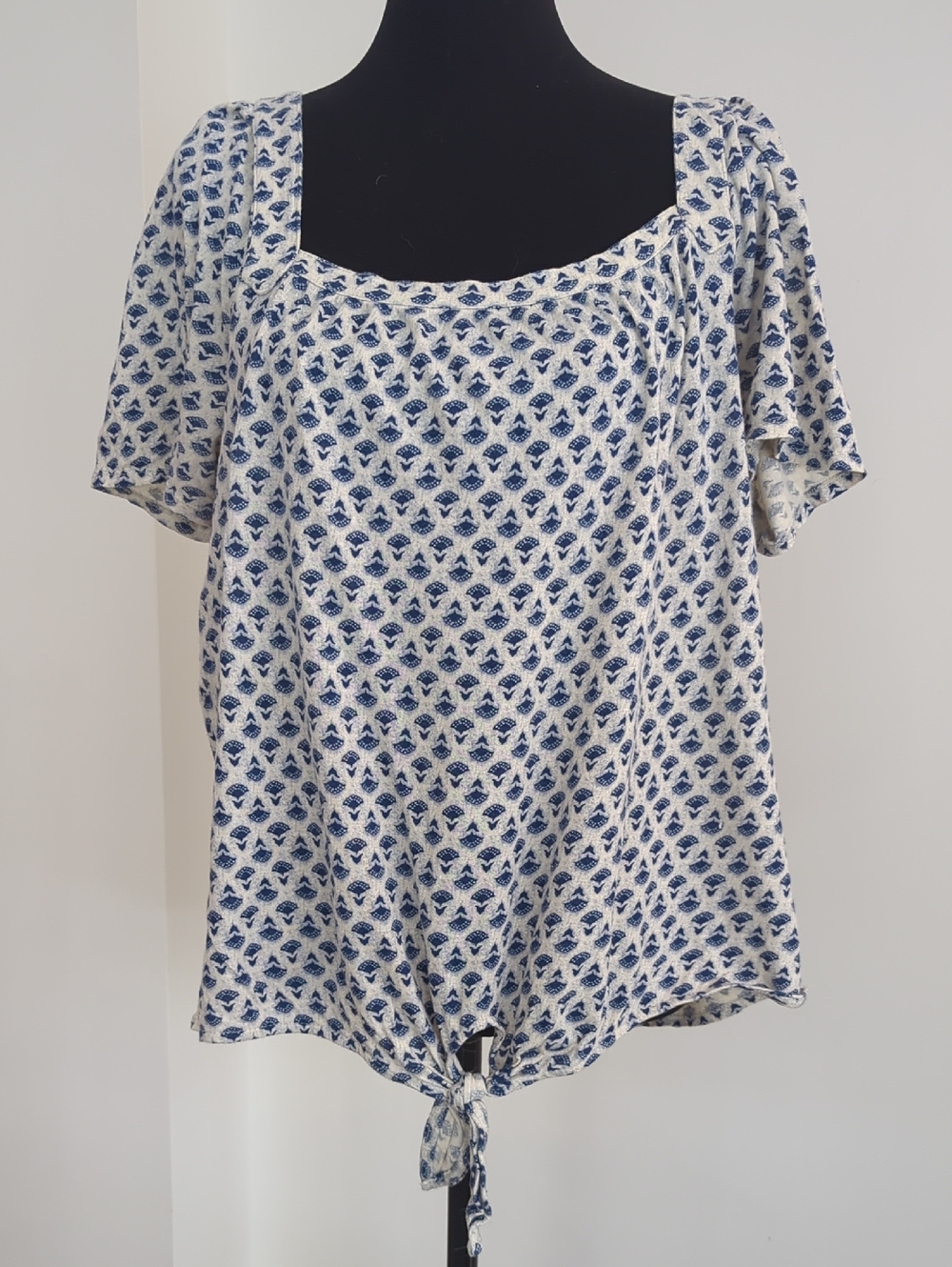 Lucky Brand Blue Tan Geometric Fan Square Neck Tie Front Short Sleeve Blouse XL